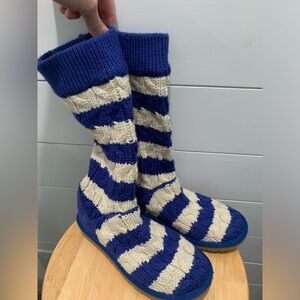 Ugg, Blue and white striped sweater boots.